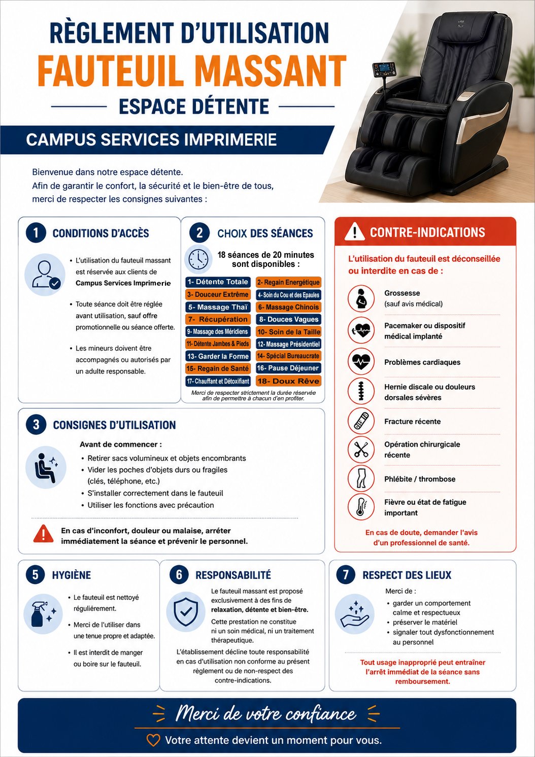Règlement d'utilisation du fauteuil massant